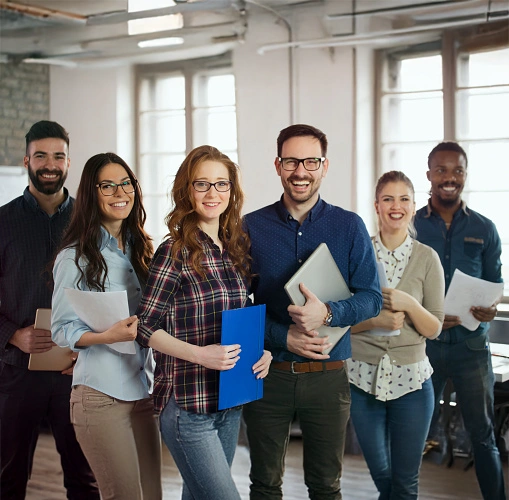 team of workers holding folders
